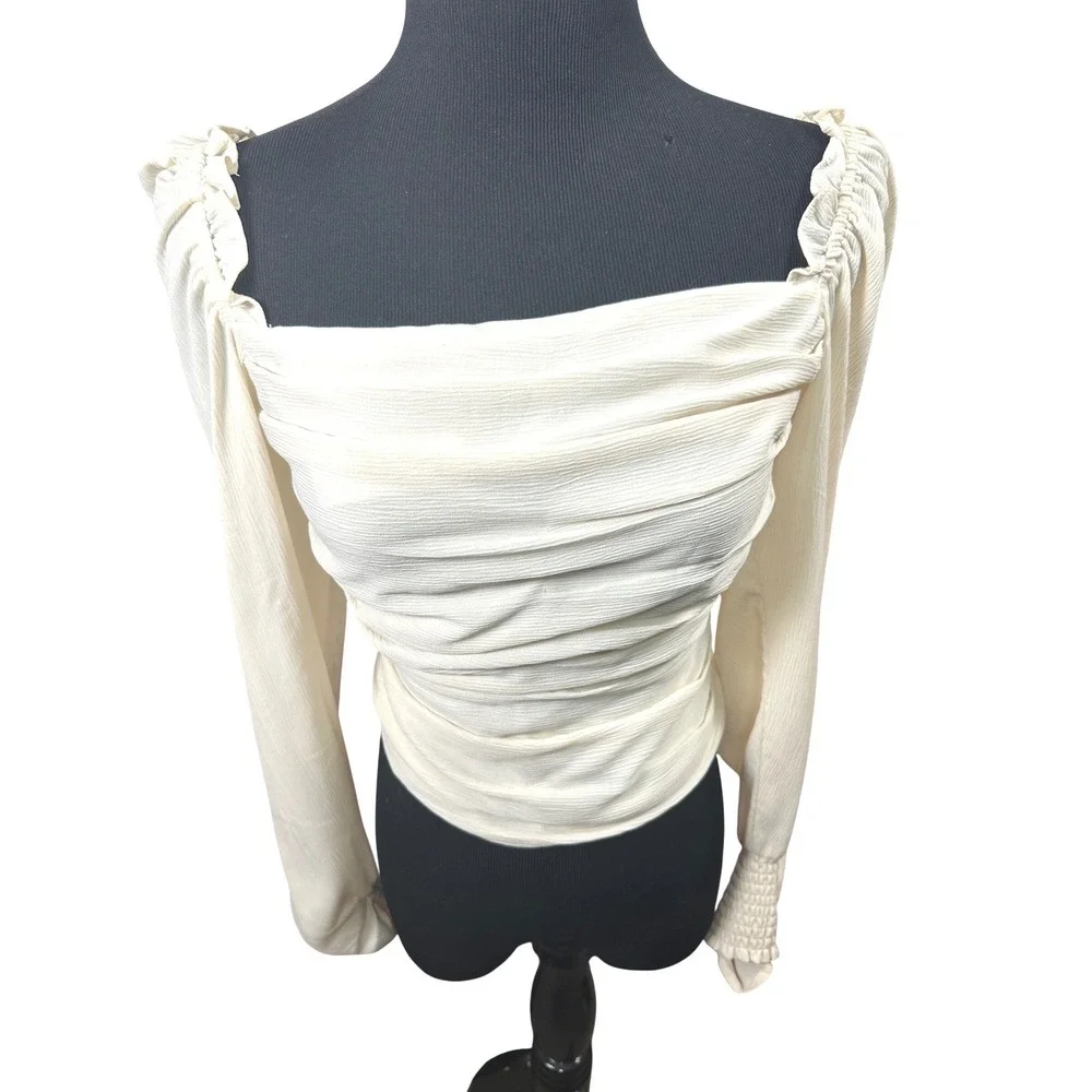 ASTR Cream Ruched Top Womens S Milkmaid Blouse Puff Sleeve‎ Cottagecore Coquette